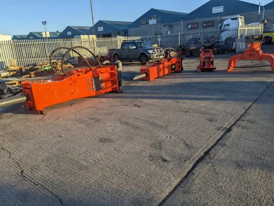 Hydraulic breakers of several makes in the yard at Hammer Tech, Ballyclare