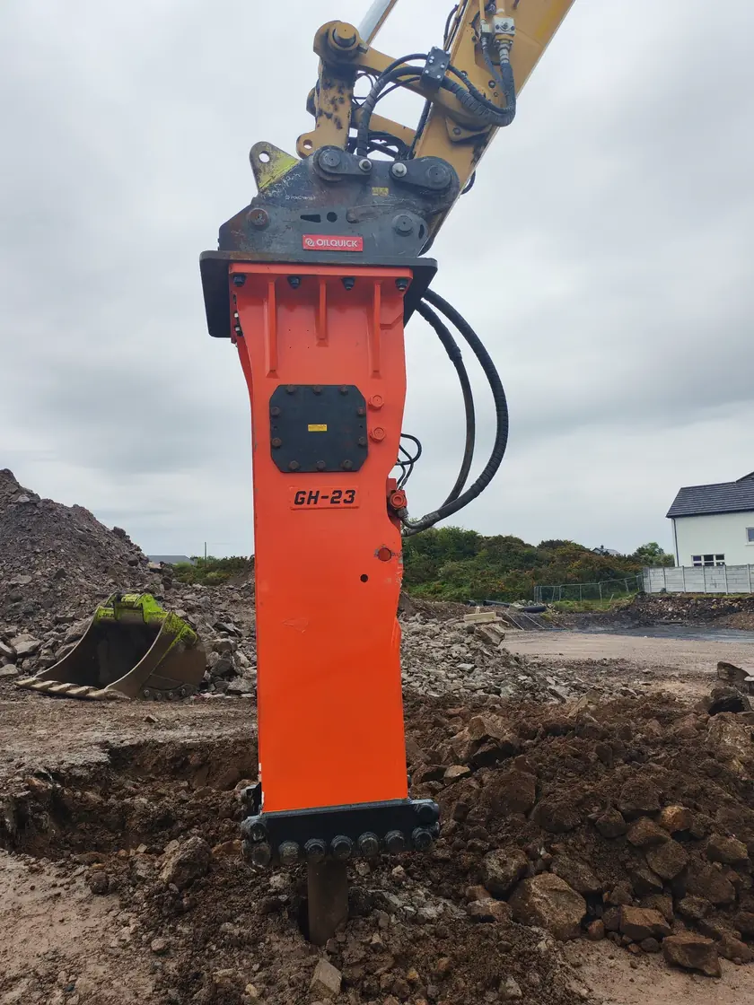 NPK GH-23 hydraulic breaker fitted to an excavator on site