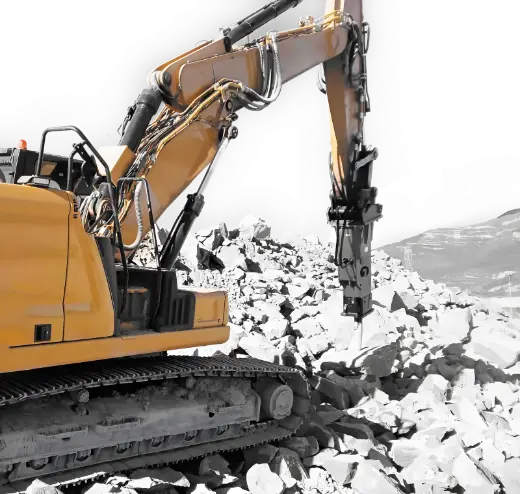 Hydraulic breaker at work breaking stone