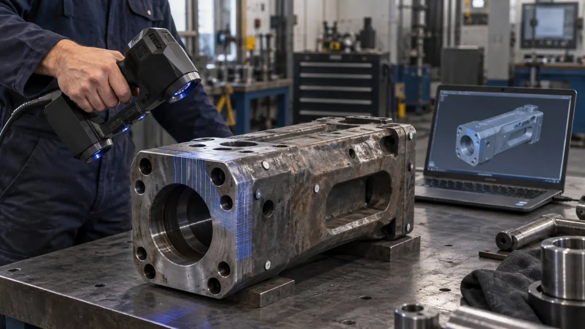 Illustration of a hydraulic breaker front head being 3D scanned, with the reverse engineered model on screen